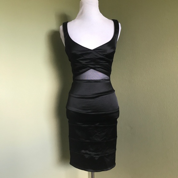 Bebe Black Satin look Sheer Detail Pintuck Bodycon dress size XXS - Picture 1 of 10